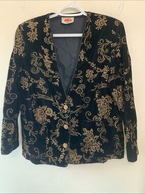 Alia Rare Vintage Black Velvet Feel Blazer w Gold Floral Motif, Pockets, Lined